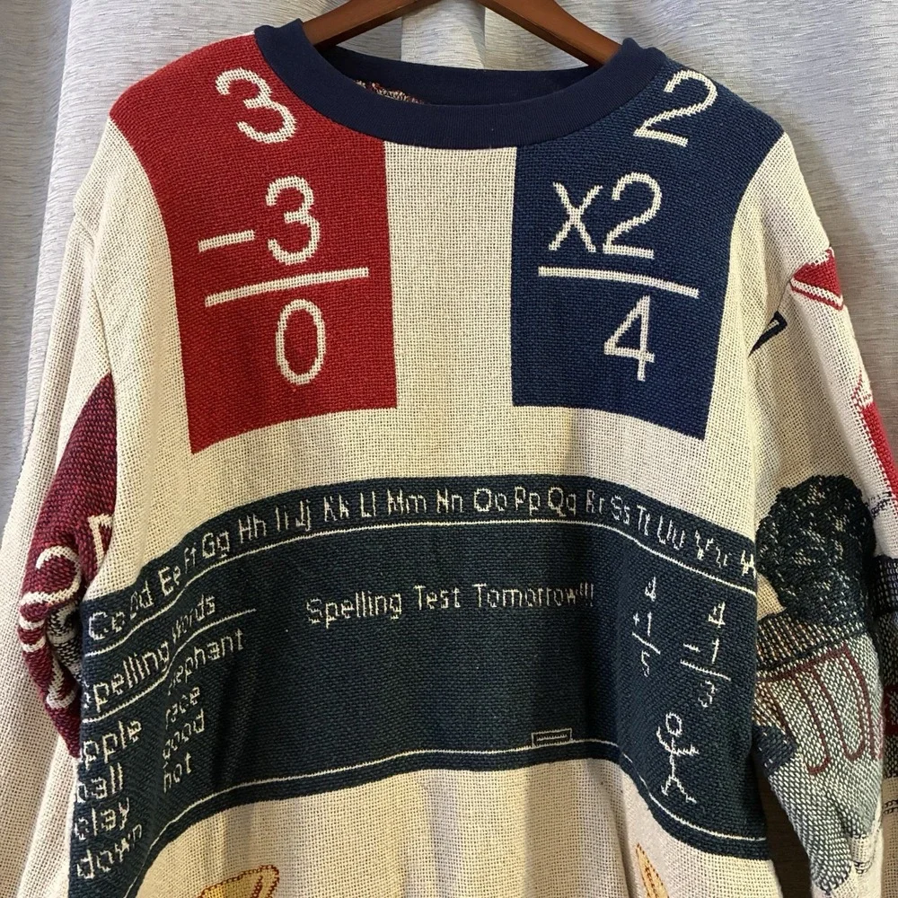 Sugar Street Weavers Classroom Teacher Knit Sweater One Size VTG‎ Tapestry Math